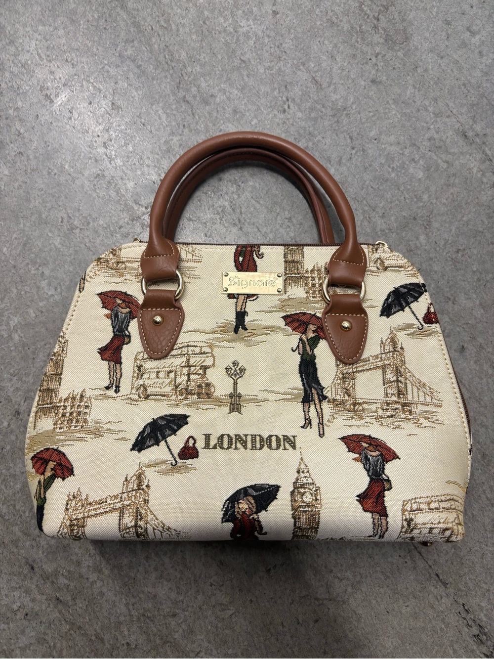 London Print Satchel with Brown Trim